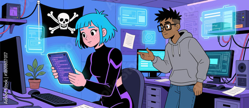Hacker team coding together, modern style, tech room scene