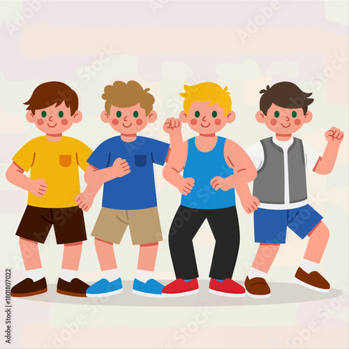Happy boys standing together, cartoon illustration, diverse outfits