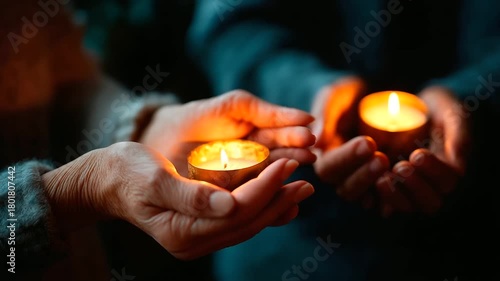 Hands lighting memorial candles together remembrance ritual faces obscured by candlelight grief prayer service mental wellness through mourning spiritual healing ceremony wit