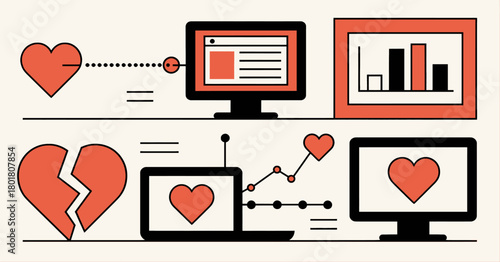 Heartbreak recovery digital concept, minimal heart and tech elements