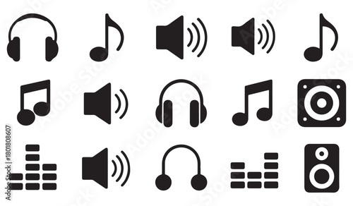  Collection of black music icons including headphones speakers and notes