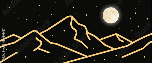Minimal mountain silhouettes under moonlit night sky