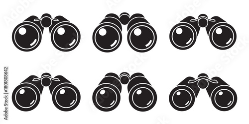  Set of six black and white illustrations of binoculars in different perspectives