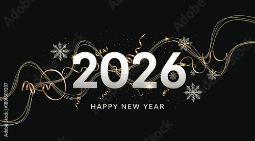 Happy new year 2026 with sparkling golden confetti, snowflakes, and swirling ribbons on a dark, celebrating the upcoming year with festive and elegant design elements