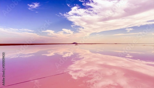 A serene landscape featuring a pink salt lake with a perfect reflection of a blue sky filled with white, wispy clouds.