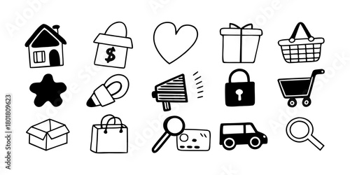 Hand drawn doodle set of various shopping and e commerce related objects in black and white illustration on transparent background