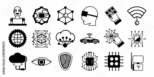 Collection of black and white technology icons representing artificial intelligence and connectivity concepts on transparent background