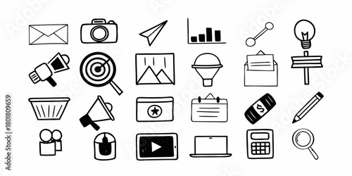 Hand drawn business and marketing icons including camera, envelope, graph, and other common office items on transparent background