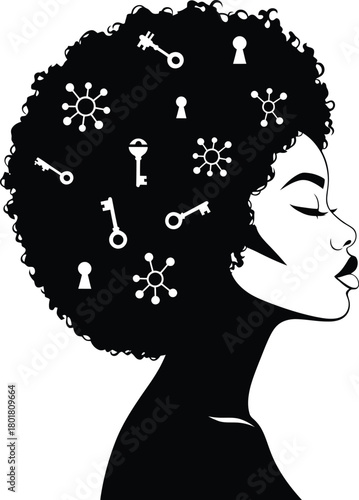 Afro woman silhouette vector with keys and locks artistic illustration eps