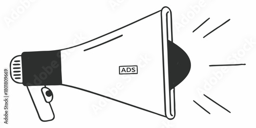 Illustration of a black and white megaphone with ads label and sound waves emanating from the speaker end on transparent background