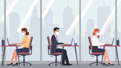 Illustration of people working in an office with social distancing measures