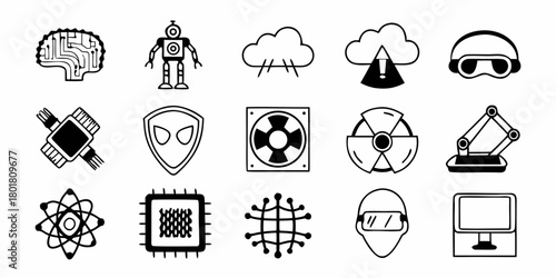 Collection of technology related icons including a robot brain cloud computing and other tech symbols on transparent background