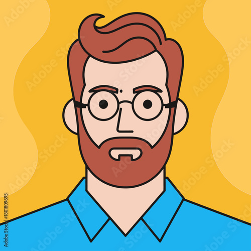 Red-haired bearded man with glasses, minimalist design, isolated
