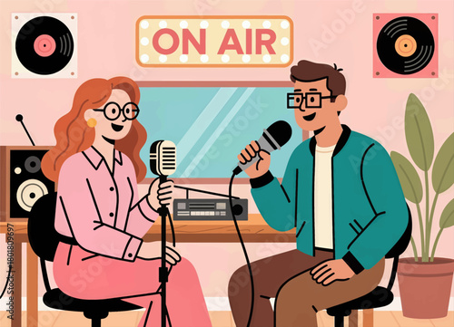 Radio hosts in studio, flat design podcast illustration