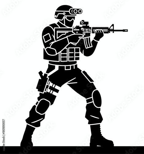 Silhouette soldier with gun, minimalist design, isolated