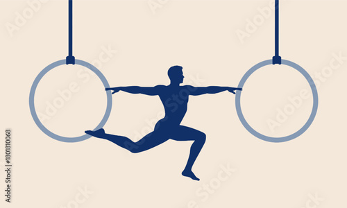 Silhouette gymnast on still rings, minimal vector illustration