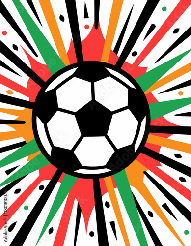 Soccer ball retro graphic, colorful dynamic design, isolated