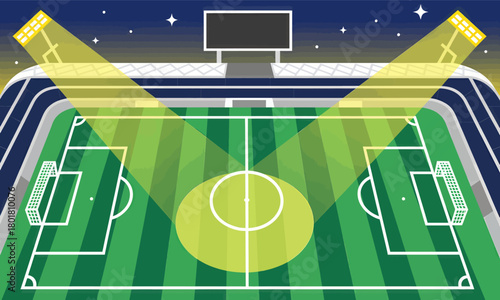 Soccer stadium vector, bright minimal design, night scene