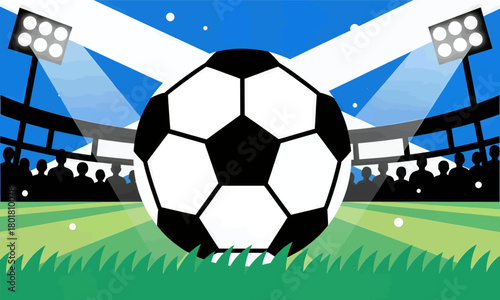 Soccer ball in stadium vector illustration, flat design, match scene