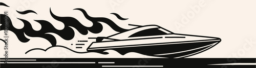 Speedboat with flames speeding across water, dynamic vector illustration.