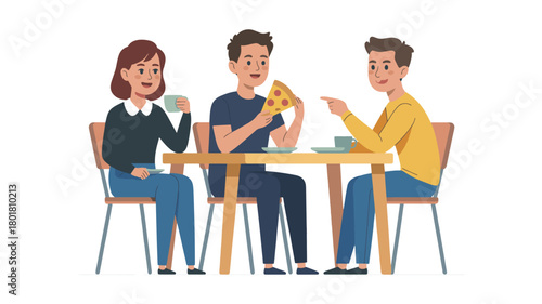 Three friends are sitting at a table and eating pizza isolated on