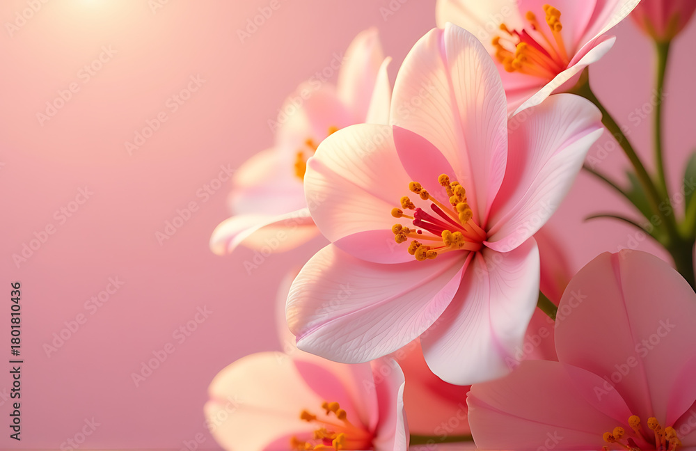 Naklejka premium lush sring surrounded delicate petals vibrant blooms soft pastel pink background warm golden natural