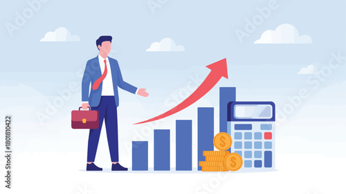 Businessman with briefcase standing near graph and calculator isolated on