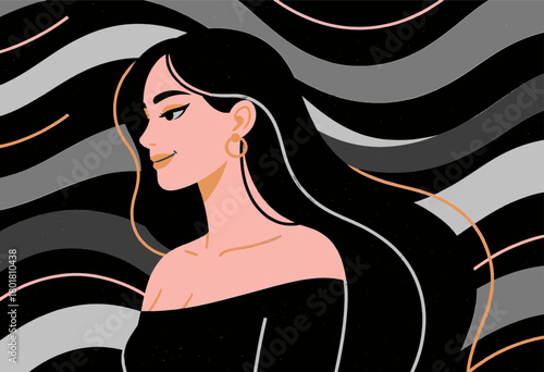 Stylish woman with long hair, minimalist portrait illustration, elegant design