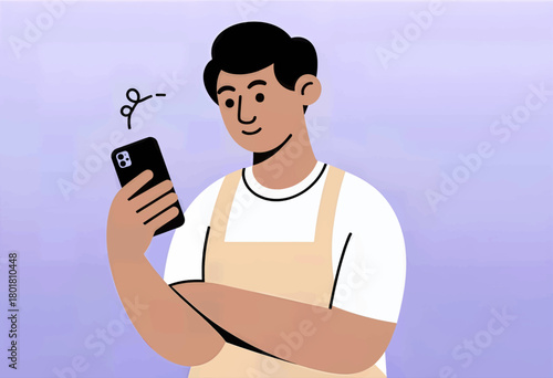 Stylist holding phone with scissors icon, minimal design, isolated