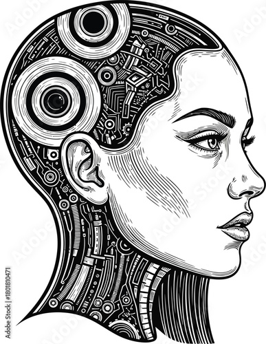 Cyborg woman head illustration ai technology artificial intelligence art eps silhouette