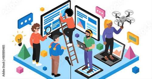 Teamwork in tech isometric illustration, colorful digital collaboration scene