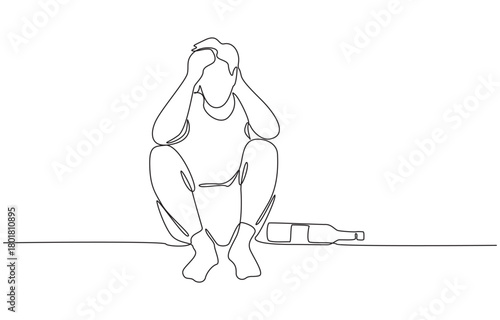 Continuous one line drawing of hungover man sitting on floor next to bottle of liquor, symbolizing mental fatigue and alcohol addiction, single line art.