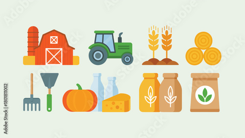 Farm elements including barn, tractor, wheat, hay, pumpkin isolated on