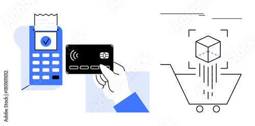 Hand holding NFC card tapping on a POS terminal with receipt alongside a digital cart and scanning process. Ideal for e-commerce, payment, shopping, digital business, technology, retail, simple flat