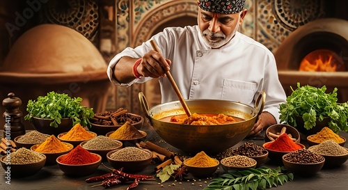 An experienced Indian chef stirring a vibrant curry in a brass pot, surrounded by bowls of colorful spices (turmeric, chili, cumin) and fresh herbs.