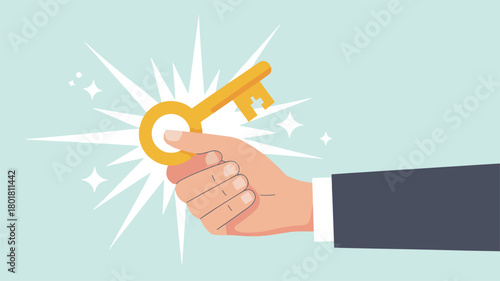 Hand holding a golden key with a shining star isolated on