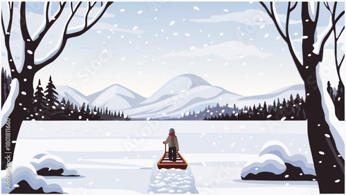 A joyful traveler pulls a wooden sled through a snowy winter landscape depicted as a charming vector illustration perfect for seasonal designs