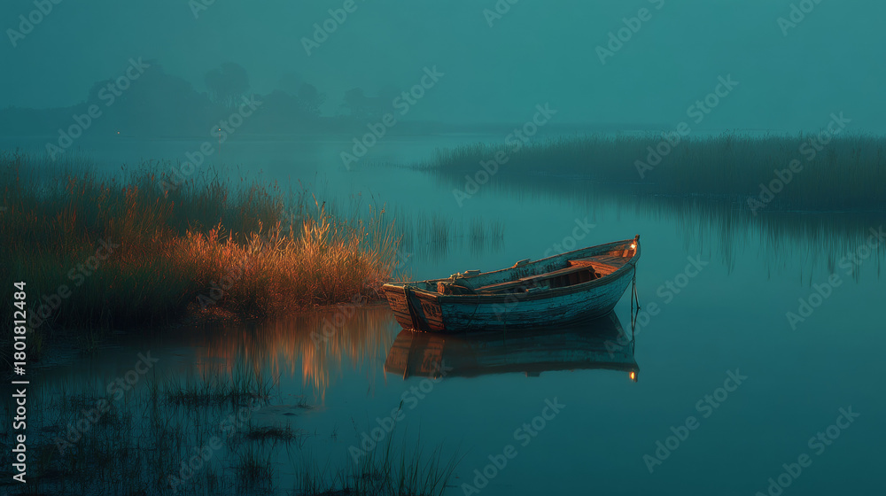 Obraz premium Old Rowboat in Foggy Marshland at Twilight