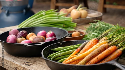 Fresh farm harvest: vibrant vegetables in rustic outdoor cooking scene