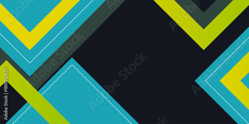 Abstract black background with green and yellow square line shapes. Vector abstract graphic design banner pattern presentation background wallpaper web template.