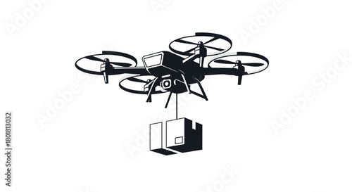 Modern quadcopter drone delivering a package suspended by cables on a white background