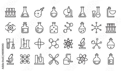  Hand drawn collection of scientific laboratory equipment and chemistry icons on white background