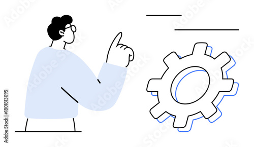 Person pointing towards a large gear suggesting focus on system functionality and improvement. Ideal for technology, teamwork, engineering, innovation, productivity, operations, growth. Simple flat