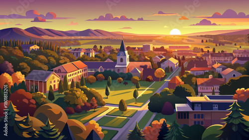 Very beautiful aerial sunset view over Princeton, New Jersey, showcasing warm golden light illuminating tree-lined neighborhoods, historic architecture, and peaceful suburban landscapes in a glowing 