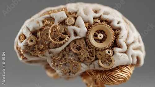 A side view of a realistic brain model carved with golden gears and machinery, emphasizing the mechanisms of thought