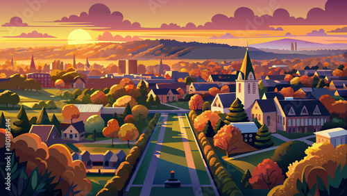 Very beautiful aerial sunset view over Princeton, New Jersey, showcasing warm golden light illuminating tree-lined neighborhoods, historic architecture, and peaceful suburban landscapes in a glowing 
