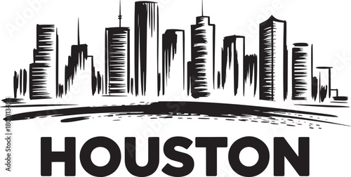 Houston texas cityscape drawing skyline illustration with typography text black ink brush strokes