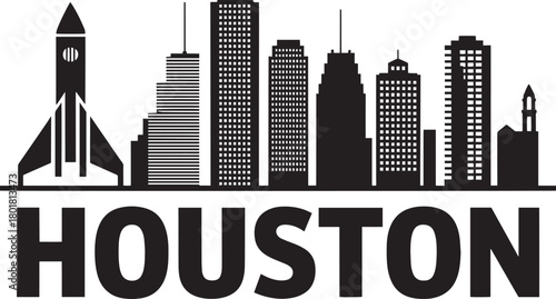 Houston texas skyline silhouette with rocket booster isolated vector illustration space city landmark graphic