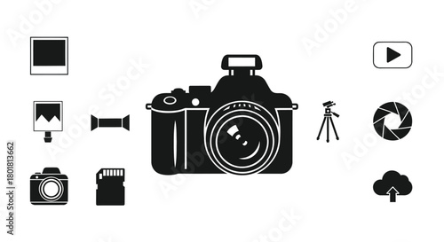 Collection of black and white photography icons including camera tripod film and memory card