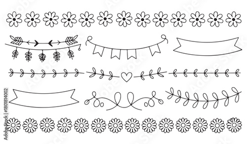 Collection of hand drawn decorative borders and banners with floral and feather elements
